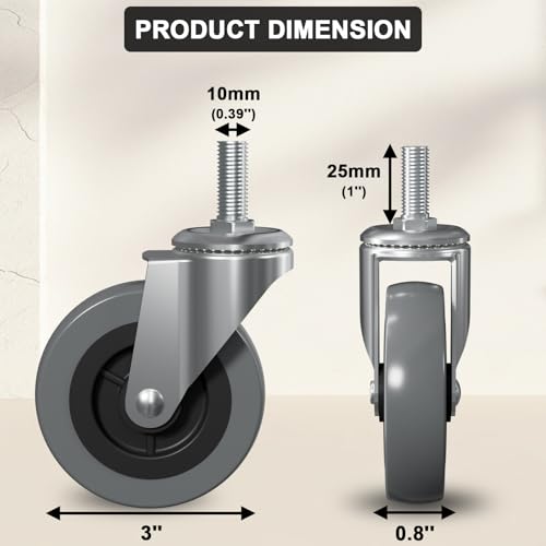 3 Inch Creeper Replacement Wheels 6 Pack Swivel Caster Wheel | Snap on cart Castor for Creeper Service Cart Stool Post Mount, M10x 1" Metric Threaded Stem Casters - style: Gray-No Brakes