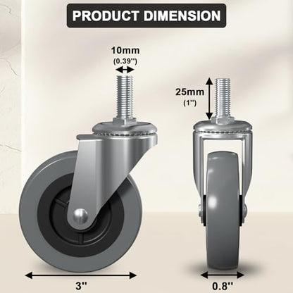 3 Inch Creeper Replacement Wheels 6 Pack Swivel Caster Wheel | Snap on cart Castor for Creeper Service Cart Stool Post Mount, M10x 1" Metric Threaded Stem Casters - style: Gray-No Brakes