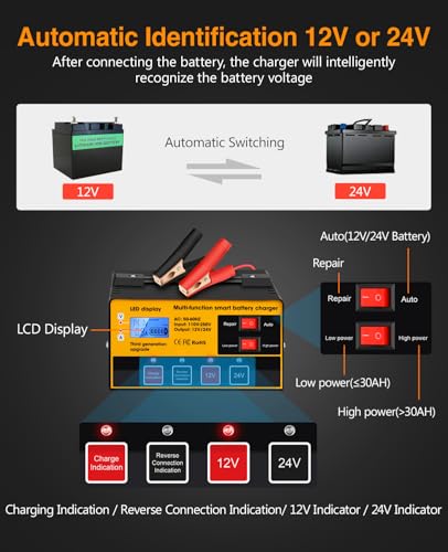 Outerman Car Battery Charger,12V-12A/24V-8.5AMH Smart Automatic Battery Charger,High/Low Power Trickle Charger Battery Maintainer and Desulfator,for Motorcycle Lawn Mower Marine Lead Acid Batteries - color: Black Yellow