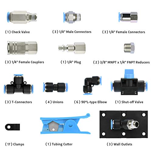 Shop Air Line Kit, 3/8 Inch (9.5MM) OD × 60 Feet Nylon Compressed Air Pipe, 200PSI, Cutter, Tees, Mounting clips, Connectors, 49PCS Garage Air Compressor Accessories Master Kit