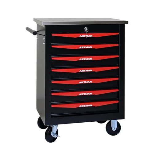 7 Drawers Tool Chest on Wheels, Stainless Steel Countertop Multifunctional Rolling Tool Storage Cart, Drawer Rolling Trolley Organizer Tool Box for Garage,Workshop(7 Drawers-Black) - color: Black, size: 7 Drawers 22.2"Wx13.58"Dx30.7"H