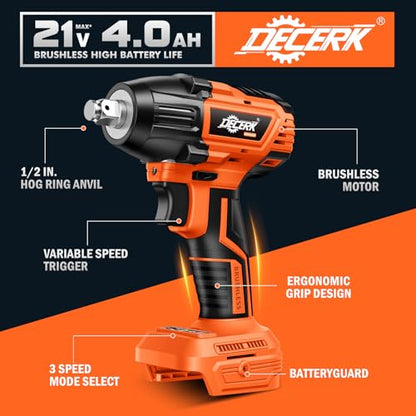 DECERK 400Nm Compact Impact Wrench - Precision Torque for DIY, Bicycle Repair & Furniture Assembly [4000mAh Dual Batteries] [1/2 Inch Driver] [21V MAX] Brushless, Cordless, Electric, Power, Gun - size: 400 N.m with Two Batteries