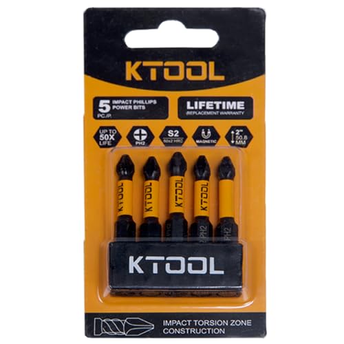 Impact Driver Bit Set 5 Pack 2 Inch Phillips Bits #2 Impact Bits, CNC Machined Shockproof Screwdriver Bit Set, Magnetic S2 Steel, Heavy Duty Torsion Design Power Bits with Hex Bit Holder Rack - style: 2"-PH2-5PCS