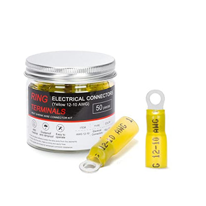 HKS 50 PCS Ring Terminals #8 Yellow 12-10 AWG - M4 - Electrical Connectors - Heat Shrink Wire Connector Kit - Tinned Red Copper - Automotive Marine Ring Connectors - Waterproof and Insulated - size: #8 (M4)