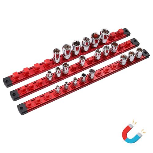 ALOANES Magnetic Socket Organizer Set, 3-Piece Heavy Duty Aluminum Socket Holder Socket Rail Organizer for Tool Box, 360° Swivel Clips Socket Rack 1/4, 3/8, 1/2-Inch x 40 Clips (Red) - color: Red, size: 3PC (1/4, 3/8, 1/2-Inch Drive)