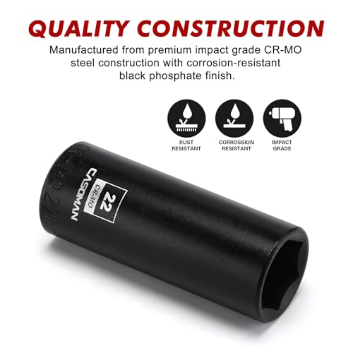 CASOMAN 1/2-Inch Drive x 22mm Deep Impact Socket, 6-Point, Metric, CR-MO - size: 22 mm (Deep), style: 6-Point Socket