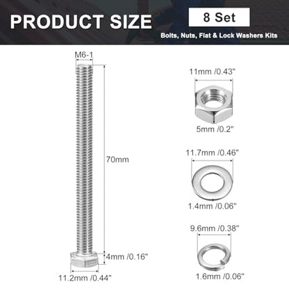 uxcell M6 x 70mm Hex Head Screws Bolts, Nuts, Flat & Lock Washers Kits, 304 Stainless Steel Fully Thread Hexagon Bolts 8 Sets - size: M6 x 70mm