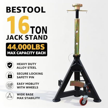 BESTOOL 16 Ton Heavy Duty Jack Stands – 35,000 lbs Rated Capacity, Adjustable 26" to 40.9", Rolling Design for Trucks, Trailers, Tractors & Heavy Equipment 1 Pack