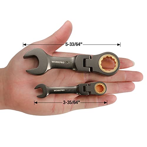 WORKPRO 8 Piece Flex Head Stubby Ratcheting Combination Wrench Set, SAE 5/16-3/4 in, 72-Teeth, CRV, Nickel Plating with Rolling Pouch - size: SAE, style: Nickel-plated