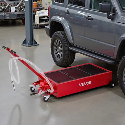 VEVOR Low Profile Oil Drain Pan, 17 Gal Capacity, Rolling Oil Drain Pan with 110V High-Flow Electric Pump, 7.2 ft Hose & T Folding Handle, Leak-Proof & Corrosion-Resistant, Fit for Trucks, ATVs, Red - size: 39.76 x 23.62 x 26.77 in