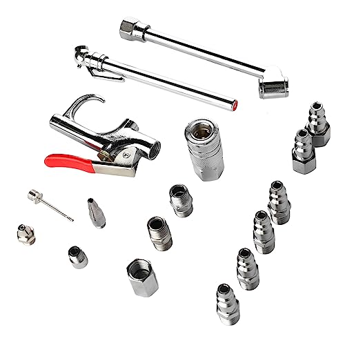 For Professional Maintenance and Cleaning - 17 Piece Air Compressor Accessory Kit with 1/4 Inch NPT Coupler and Plug Set - Includes Dual Foot Chuck, Blow Gun, Tire Gauge, and