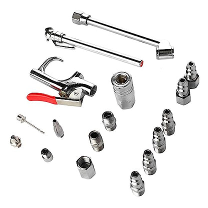 For Professional Maintenance and Cleaning - 17 Piece Air Compressor Accessory Kit with 1/4 Inch NPT Coupler and Plug Set - Includes Dual Foot Chuck, Blow Gun, Tire Gauge, and