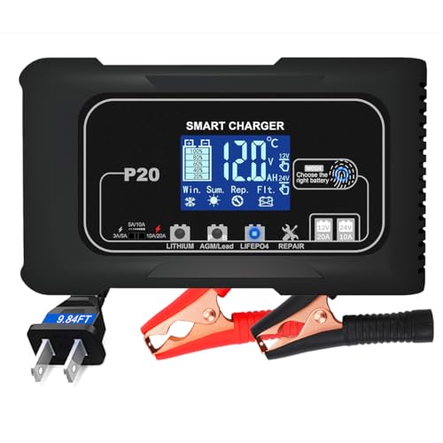 RCGCBC Battery Charger 0-20A,12V/24V Lithium Battery Charger for LIFePo4,Lead Acid,AGM,RV,Marine,Boat, and Deep Cycle Batteries,9 Stage with Pulse Repair,Smart Car Trickle Charger & Maintainer - color: Gray