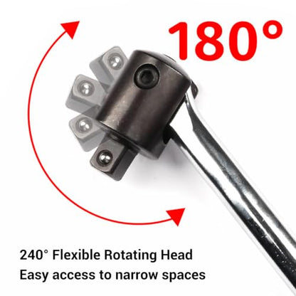 18 Inch Breaker Bar 1/2 Drive, 240 Swivel Head | Chrome Vanadium Steel for Stuck Lug Nuts, Long Reach Wrench for Tire Changes Mechanical Repair