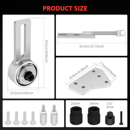 Engine Crankshaft Belt Pulley Removal Tool Fit for Ford 1.0 & 2.0 Ecoboost/Duratec, Torque Multiplier Tool with 21mm and 24mm Center Socket, 1:5 Labor Saving, 1/2" Drive 1500Nm, Replace 303-1611