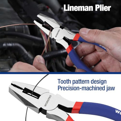 7-piece WORKPRO Pliers Set with Groove Joint, Long Nose, Slip Joint, Linesman, and Diagonal Pliers for DIY & Home Use - color: Red, Blue