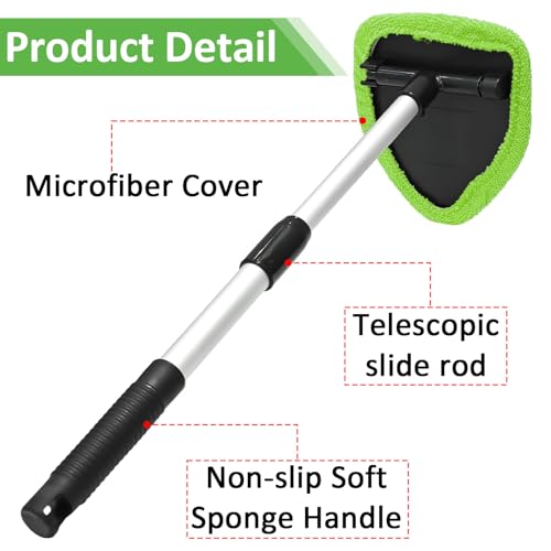 Beieverluck 3 Pieces Windshield Cleaning Tool Inside Car Window Cleaner Cleaning Tool with Extendable Handle, 9 Microfiber Pads and 3 Spray Bottles Car Auto Glass Wiper Kit