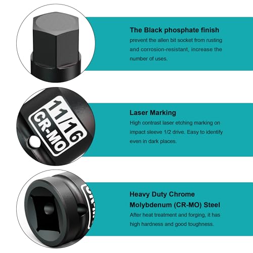 1/2" Drive H11/16-Inch Impact Hex Bit Socket, SAE Allen Bit Socket, Cr-Mo Steel, Removing Loosening Hexagon Bolts - size: 1/2" H11/16 Deep
