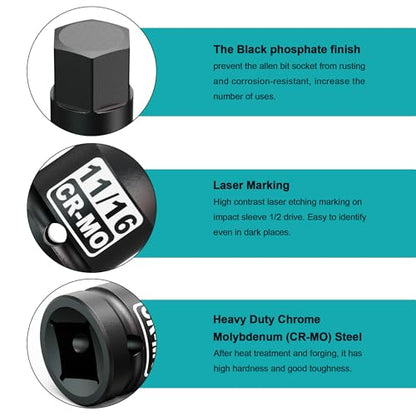 1/2" Drive H11/16-Inch Impact Hex Bit Socket, SAE Allen Bit Socket, Cr-Mo Steel, Removing Loosening Hexagon Bolts - size: 1/2" H11/16 Deep