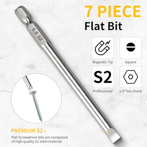 7 Pcs Flat Head Screwdriver Bit Set,1/4 Inch Hex Shank 4 Inch Long S2 Steel with Magnetic, Impact Tough Screwdriving Power Bits - style: Flat(7-Size)