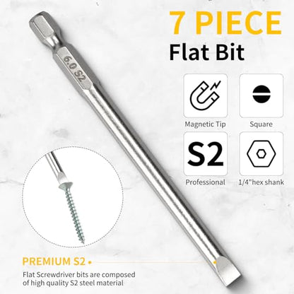 7 Pcs Flat Head Screwdriver Bit Set,1/4 Inch Hex Shank 4 Inch Long S2 Steel with Magnetic, Impact Tough Screwdriving Power Bits - style: Flat(7-Size)