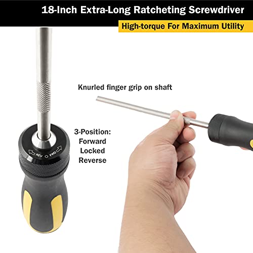 Titan 12218 18-Inch Extra Long High-Torque Ratcheting Bit Driver, Ratcheting Screwdriver Set Includes (10) Bits and Magnetic Bit Holder, Stainless Steel Shaft & S2 Steel Bits - size: 18-Inch