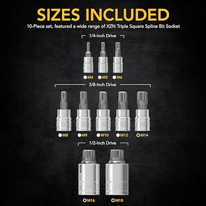 LEXIVON XZN Triple Square Spline Bit Socket Set, Premium S2 Alloy Steel | 10-Piece European Style M4 - M18 Set | Enhanced Storage Case (LX-145) - size: XZN M4 - M18