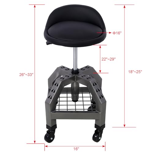Rolling Shop Stool - 360 Swivel, Adjustable Height, Tool Tray Storage, 300 Lbs Capacity, Gray - color: Grey