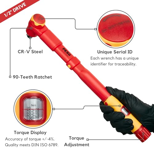 FESA Electrician Insulated Torque Wrench - (1/2" Drive, 20-100 Nm Range) | w/Easy Torque Adjustment & Scale Display - Each Insulated Wrench Has ID for Traceability - style: 1/2" Drive, 20-100 Nm Range