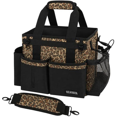 SCAVATA Compact Wearable Cleaning Caddy, Leopard | Small Cleaning Supplies Organizer with Handle & Shoulder Straps, Under Sink & Car Cleaning Tools Storage Bag for Housekeepers - color: Leopard