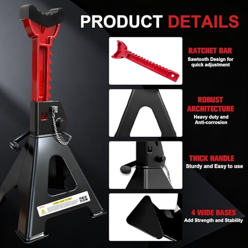 6 Ton Jack Stands (13,200Lbs) - Heavy Duty Car Jack Stands with Double Pin Locking, Adjustable 15.6"-23.4" Height, Extra Rubber Pads for Trucks, Garage, Home,DIY Use - 1 Pair Black+Red - color: Black+Red, size: 6 Ton Double Locking