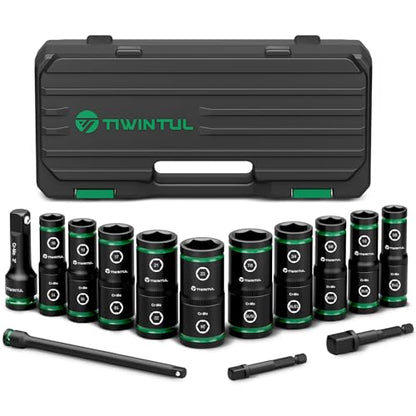 Lug Nut Impact Socket Set, 14Pcs 1/2" & 1/4" Metric & SAE Socket Set, CR-MO Steel, 20-IN-10 Deep Flip Socket Set, Thin Wall Wheel Protector Nut Socket with Extension Bar & Adapter - size: Flip 14PCS(SAE+Metric)