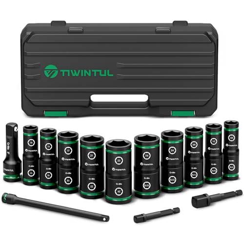 Lug Nut Impact Socket Set, 14Pcs 1/2" & 1/4" Metric & SAE Socket Set, CR-MO Steel, 20-IN-10 Deep Flip Socket Set, Thin Wall Wheel Protector Nut Socket with Extension Bar & Adapter - size: Flip 14PCS(SAE+Metric)