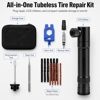 Tubeless Bike Tire Repair Kit with CO2 Inflator, Plug Tool, Strips & Storage Case
