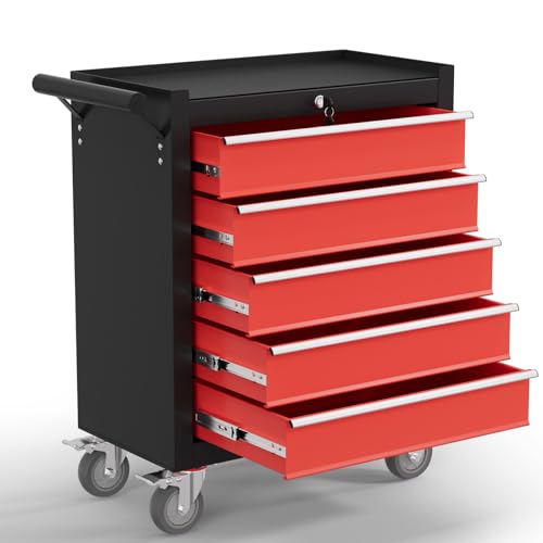 5-Drawer Tool Chest,Rolling Tool Cart with Wheels,High Capacity Tool Cabinet with Locking System for Garage, Warehouse, Workshop-Black&Red - color: Black&red, size: 5 Drawer