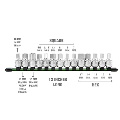 OEMTOOLS Drain Plug Socket Set for Both Foreign and Domestic Vehicles | Contains Both Male and Female Sockets, Engraved Size Markings, 3/8" Drive, Cr-V Steel, Includes Aluminum Socket Rail