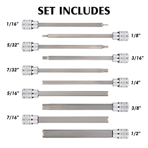 MIXPOWER 3/8 Inch Drive Long Hex Bit Socket Set, 1/16 Inch to 1/2 Inch, SAE, Extra Long Allen Hex Bit Socket Set, CR-V and S2 Steel, 10 Pieces - size: 1/16" - 1/2"
