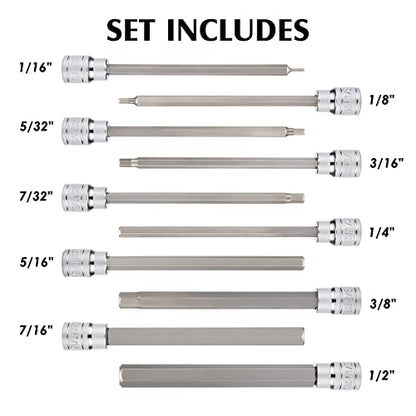 MIXPOWER 3/8 Inch Drive Long Hex Bit Socket Set, 1/16 Inch to 1/2 Inch, SAE, Extra Long Allen Hex Bit Socket Set, CR-V and S2 Steel, 10 Pieces - size: 1/16" - 1/2"