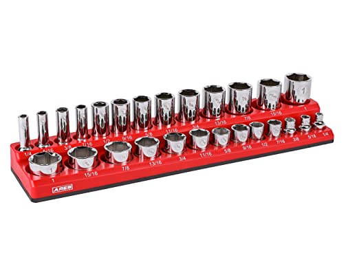 ARES 70234-26-Piece 3/8-Inch SAE Magnetic Socket Organizer - Holds 13 Standard Size and 13 Deep Size Sockets - Keep Your Tool Box Organized - color: Red (Sae), size: 3/8-Inch Drive - 1-Piece