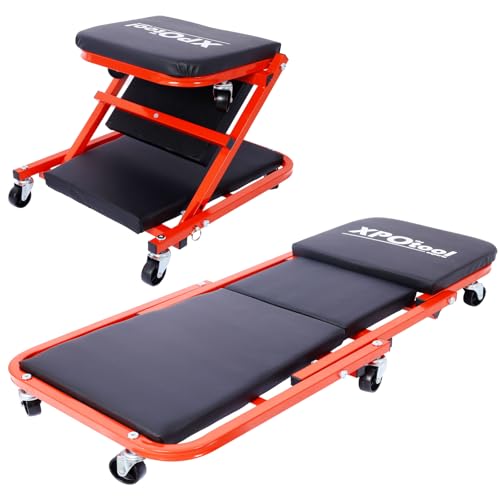 2 in 1 Z Garage Creeper, 300 lbs Load Capacity Rolling Folding 36" Mechanic Creeper Stool, with 6 Wheels Tool Tray Padded Seat Steel Frame, Lay Down or Sit Chair for Garage Shop or Home (Red) - color: Red