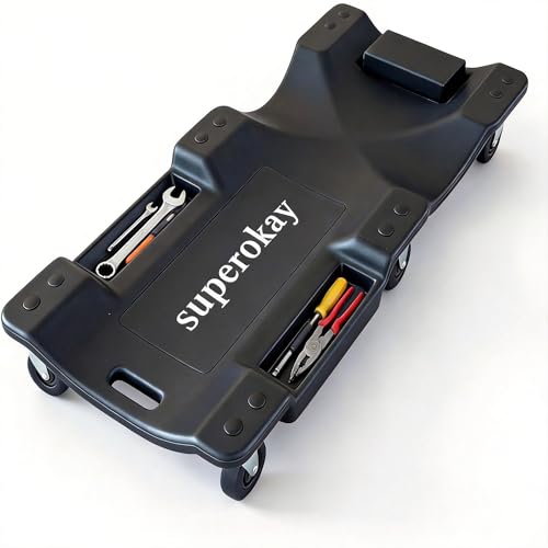 superokay Low Profile Mechanic Creeper, 40-Inch Rolling Car Creeper with Padded Headrest, 350 lbs Capacity Shop Creeper, 6 Swivel Casters & Dual Tool Trays, Heavy Duty Garage Creeper for Auto Repair