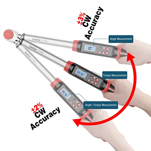 Leolee 3/8-Inch Drive Digital Torque Wrench with Angle, 5-99.5 Ft-Lb | 6.8-135Nm, ±2% Accuracy, Preset Value, Data Storage, Buzzer, LED Flash Notification, for Automotive, Motorcycle Engine Repair - size: 5-99.5Ft.lb/6.8-135Nm (3/8 Inch), style: 3/8-Inch