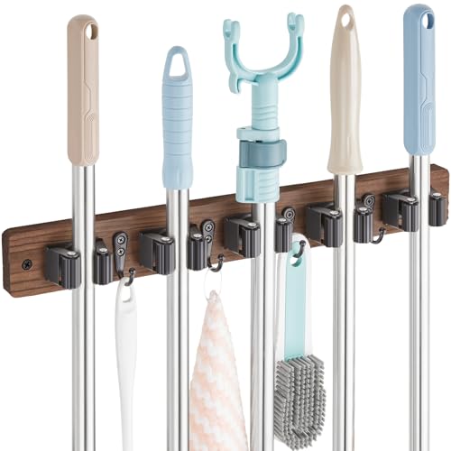 OUTNILI Mop and Broom Holder Wall Mount - Wood Broom Mop Hanger - Wall Mounted Garden Tool Rack Organizer for Closet Garage Laundry Room for Rustic Kitchen Decor With 5 Slots & 4 Hooks - color: Brown-5 Grips, size: 1 Pack