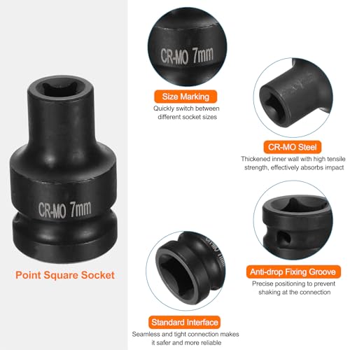 HARFINGTON 2pcs 4 Point Square Socket 1/2" Drive 7mm Metric Square Impact Socket CR-MO Blackening Standard Wheel Sockets Pneumatic Socket Tool for Auto Repair Mechanical Maintenance Home Use - size: 7mm