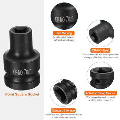 HARFINGTON 4 Point Square Socket 1/2" Drive 7mm Metric Square Impact Socket CR-MO Blackening Standard Wheel Sockets Pneumatic Socket Tool for Auto Repair Mechanical Maintenance Home Use - size: 7mm