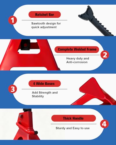 6 Ton Jack Stands (13,200Lbs) - Heavy Duty Car Jack Stand with Double Pin Locking, Adjustable 15.6"-23.4" Height, Extra Rubber Pads for Trucks, Garage, Home,DIY Use - 1 Pair Red - size: 6 Ton Double Locking
