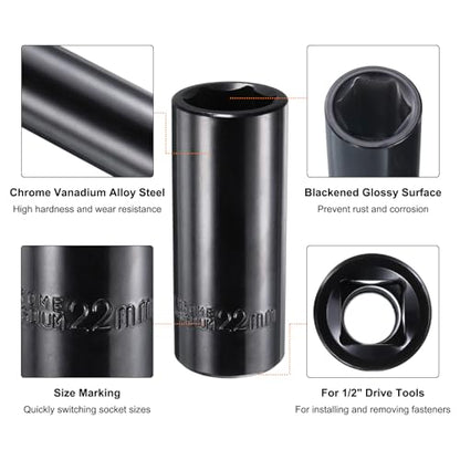 uxcell 1/2" Drive 6 Point Socket 22mm Metric Deep Impact Socket Chrome Vanadium Alloy Steel Square Drive 6-Point Sockets Mechanic Hand Tool for Pneumatic Wrench, Black Glossy
