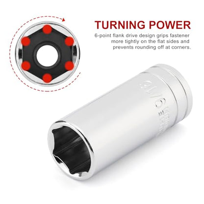 CASOMAN 11PCS 3/8" Drive 6 Pt. Mid-Length Socket Set, SAE, Mirror Chrome Finish, 1/4", 5/16", 3/8", 7/16", 1/2", 9/16", 5/8", 11/16", 3/4", 13/16", 7/8" - size: 3/8"Dr., Mid-Length, 6.4 to 22.2mm