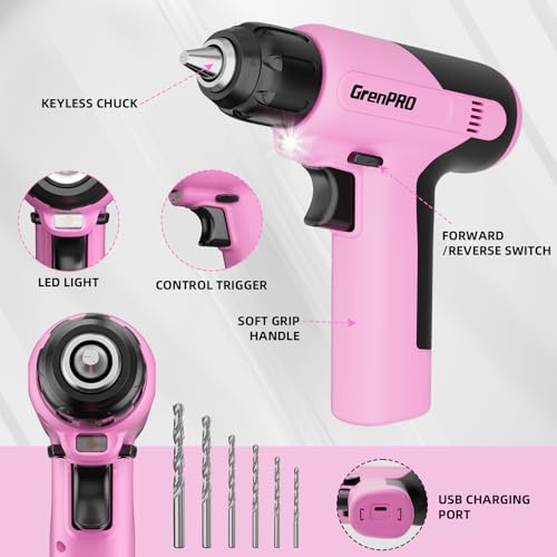 GRENPRO Pink Tool Set Drill Set, 188PCS Tool Kit For Home with Pink Cordless Drill Power, Tool Kit for Women &Men, Basic Household Auto Repair Hand Tool Box, Glue Gun Tools Sets & Drill Set for Women - style: Pink Power Drill Set 188PC