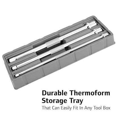 Ingersoll Rand 3-Piece Extension Bar Set with Storage Tray, 10-Inch Chrome Vanadium Extensions in 1/4", 3/8", and 1/2" Drive with Reusable Storage Tray, Mirror-Polished Finish - 752056X - style: Extension Bar